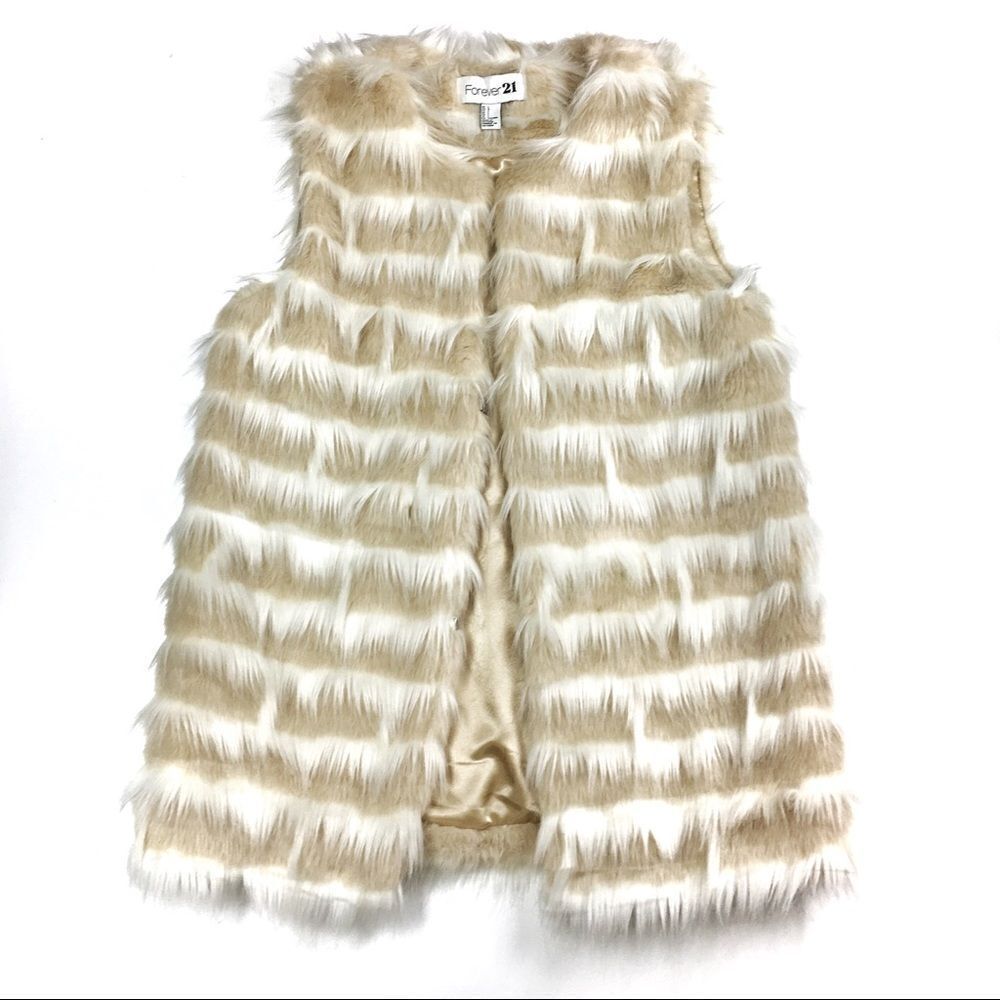 Forever 21 Ivory Long Faux Fur Vest